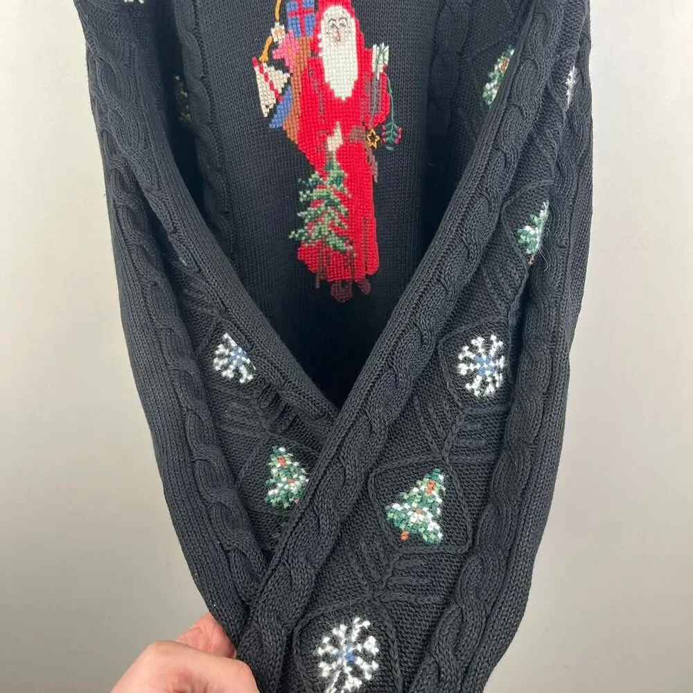 Vtg Woolrich Sweater Needlepoint Christmas Santa Claus Embroidered  Knit Size L - Picture 2 of 7